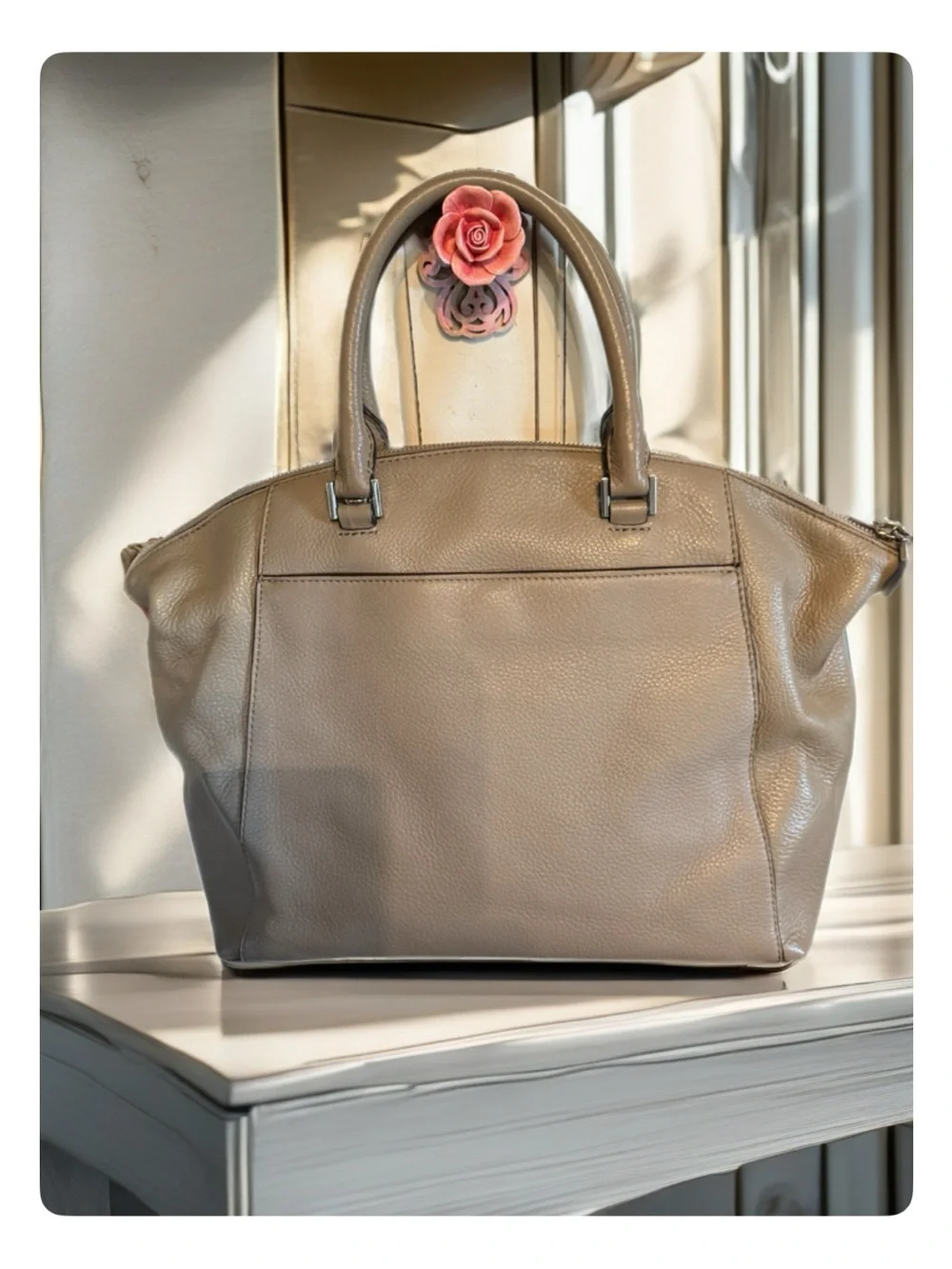 Michael Kors Taupe Pebble Leather Dome Satchel